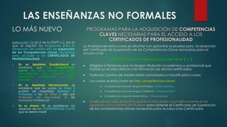 LAS ENSEÑANZAS NO FORMALES 
LO MÁS NUEVO 
Instrucción 13/2014 de la DGFP y U. por la 
que se regulan los Programas para la 
Obtención del certificado de superación 
de las Competencias claves necesarias 
para acceder a los CERTIFICADOS DE 
PROFESIONALIDAD 
 En su Apartado Duodécimo,4 se 
establece que “las competencias 
claves de estos cursos no serán 
convalidadas en ninguna otra 
enseñanza conducente a títulos 
oficiales”. 
 En su Apartado Decimocuarto se 
establece que los cursos de Nivel 2 
podrán ser impartidos Maestros o 
Profesores y los de Nivel 3 sólo por 
Profesores de Secundaria o de 
Formación Profesional 
 En su Anexo VII se establecen los 
aspectos de las COMPETENCIAS CLAVE 
que se deben medir 
PROGRAMAS PARA LA ADQUISICIÓN DE COMPETENCIAS 
CLAVES NECESARIAS PARA EL ACCESO A LOS 
CERTIFICADOS DE PROFESIONALIDAD 
La finalidad de estos cursos es afrontar con garantías la prueba para la obtención 
del Certificado de Superación de las Competencias Clave necesarias para el 
acceso a los 
Certificados de Profesionalidad de Nivel 2 y 3 
 Dirigidos a Personas que no tengan titulación académica o profesional que 
impida su acceso directo a la formación de dichos certificados. 
 Todos los Centros de Adultos están autorizados a impartir estos cursos. 
 Los cursos se estructuran en tres competencias clave: 
 Competencia clave en Lengua Extranjera – 2 horas semana 
 Competencia clave en Lengua Castellana – 3 horas semana 
 Competencia clave en Matemáticas – 3 horas semana 
 Finalizado el curso el alumno queda matriculado automáticamente en la 
siguiente convocatoria de Pruebas para obtener el Certificado de Superación 
de las competencias claves necesarias para Acceso a los Certificados 
 