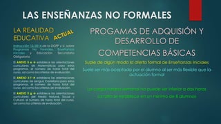 LAS ENSEÑANZAS NO FORMALES 
LA REALIDAD 
EDUCATIVA 
Instrucción 12/2014 de la DGFP y U. sobre 
Programas No Formales, Enseñanzas 
Iniciales y Educación Secundaria 
Obligatoria 
El ANEXO II e  establece las orientaciones 
curriculares de Matemáticas para estos 
programas, el número de horas total del 
curso, así como los criterios de evaluación. 
El ANEXO II f  establece las orientaciones 
curriculares de Lengua Castellana para estos 
programas, el número de horas total del 
curso, así como los criterios de evaluación. 
El ANEXO II g  establece las orientaciones 
curriculares del Medio Natural, Social y 
Cultural, el número de horas total del curso, 
así como los criterios de evaluación. 
PROGAMAS DE ADQUISIÓN Y 
DESARROLLO DE 
COMPETENCIAS BÁSICAS 
Suple de algún modo la oferta formal de Enseñanzas Iniciales 
Suele ser más aceptada por el alumno al ser más flexible que la 
actuación formal 
La carga horaria semanal no puede ser inferior a dos horas 
La ratio se establece en un mínimo de 8 alumnos 
 