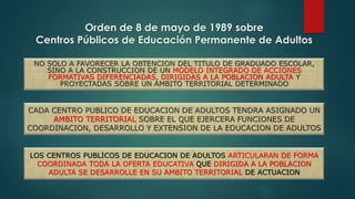 Orden de 8 de mayo de 1989 sobre 
Centros Públicos de Educación Permanente de Adultos 
NO SOLO A FAVORECER LA OBTENCION DEL TITULO DE GRADUADO ESCOLAR, 
SINO A LA CONSTRUCCION DE UN MODELO INTEGRADO DE ACCIONES 
FORMATIVAS DIFERENCIADAS, DIRIGIDAS A LA POBLACION ADULTA Y 
PROYECTADAS SOBRE UN AMBITO TERRITORIAL DETERMINADO 
CADA CENTRO PUBLICO DE EDUCACION DE ADULTOS TENDRA ASIGNADO UN 
AMBITO TERRITORIAL SOBRE EL QUE EJERCERA FUNCIONES DE 
COORDINACION, DESARROLLO Y EXTENSION DE LA EDUCACION DE ADULTOS 
LOS CENTROS PUBLICOS DE EDUCACION DE ADULTOS ARTICULARAN DE FORMA 
COORDINADA TODA LA OFERTA EDUCATIVA QUE DIRIGIDA A LA POBLACION 
ADULTA SE DESARROLLE EN SU AMBITO TERRITORIAL DE ACTUACION 
 