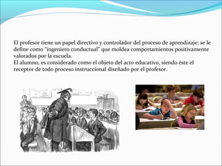 El profesor tiene un papel directivo y controlador del proceso de aprendizaje; se le
define como “ingeniero conductual” que moldea comportamientos positivamente
valorados por la escuela.
El alumno, es considerado como el objeto del acto educativo, siendo éste el
receptor de todo proceso instruccional diseñado por el profesor.
 