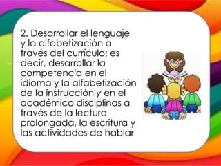 2. Desarrollar el lenguaje
y la alfabetización a
través del currículo; es
decir, desarrollar la
competencia en el
idioma y la alfabetización
de la instrucción y en el
académico disciplinas a
través de la lectura
prolongada, la escritura y
las actividades de hablar
 