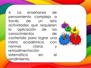4. La enseñanza de
pensamiento complejo a
través de un reto
actividades que requieren
la aplicación de los
conocimientos de
contenido para lograr una
meta académica, con
normas claras y
retroalimentación
sistemática en el
rendimiento.
 