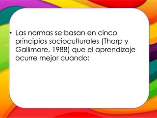 Bases teóricas para la Eficacia
• Las normas se basan en cinco
principios socioculturales (Tharp y
Gallimore, 1988) que el aprendizaje
ocurre mejor cuando:
 