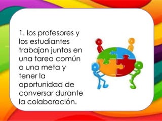 1. los profesores y
los estudiantes
trabajan juntos en
una tarea común
o una meta y
tener la
oportunidad de
conversar durante
la colaboración.
 