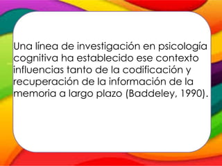 Una línea de investigación en psicología
cognitiva ha establecido ese contexto
influencias tanto de la codificación y
recuperación de la información de la
memoria a largo plazo (Baddeley, 1990).
 
