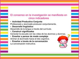 El consenso en la investigación se manifiesta en
cinco indicadores
• Actividad Productiva Conjunta
Profesorado y alumnado producen conjuntamente.
• Desarrollo lingüístico
Desarrollo de la lengua a través del currículo.
• Construir significados
Conectar la escuela con las vidas de los alumnos y alumnas.
• Enseñar a pensar de modo complejo
Animar al alumnado hacia el reto cognitivo.
• Enseñar a través de la conversación
La conversación instructiva.
 