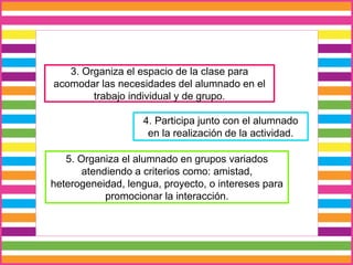 3. Organiza el espacio de la clase para
acomodar las necesidades del alumnado en el
trabajo individual y de grupo.
5. Organiza el alumnado en grupos variados
atendiendo a criterios como: amistad,
heterogeneidad, lengua, proyecto, o intereses para
promocionar la interacción.
4. Participa junto con el alumnado
en la realización de la actividad.
 