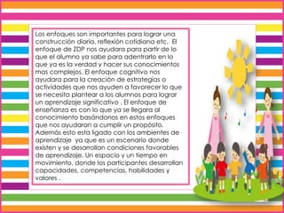 Los enfoques son importantes para lograr una
construcción diaria, reflexión cotidiana etc. El
enfoque de ZDP nos ayudara para partir de lo
que el alumno ya sabe para adentrarlo en lo
que ya es la verdad y hacer sus conocimientos
mas complejos. El enfoque cognitivo nos
ayudara para la creación de estrategias o
actividades que nos ayuden a favorecer lo que
se necesita plantear a los alumnos para lograr
un aprendizaje significativo . El enfoque de
enseñanza es con lo que ya se llegara al
conocimiento basándonos en estos enfoques
que nos ayudaran a cumplir un propósito.
Además esto esta ligado con los ambientes de
aprendizaje ya que es un escenario donde
existen y se desarrollan condiciones favorables
de aprendizaje. Un espacio y un tiempo en
movimiento, donde los participantes desarrollan
capacidades, competencias, habilidades y
valores .
 