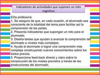 Indicadores de actividades que suponen un reto
cognitivo
El/la profesor/a:
1. Se asegura de que, en cada ocasión, el alumnado sea
consciente de la totalidad del tema para facilitar así la
comprensión de las partes.
2. Presenta indicadores que supongan un reto para el
alumnado.
3. Diseña tareas que ayudan a avanzar la comprensión del
alumnado a niveles más complejos.
4. Ayuda al alumnado a lograr una comprensión más
compleja construyendo nuevos conocimientos sobre los
éxitos previos.
5. Proporciona feed-back directo y claro sobre la
consecución de los niveles previstos a través de las
producciones del alumnado.
 