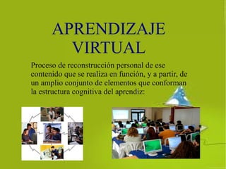 APRENDIZAJE
VIRTUAL
Proceso de reconstrucción personal de ese
contenido que se realiza en función, y a partir, de
un amplio conjunto de elementos que conforman
la estructura cognitiva del aprendiz:
 