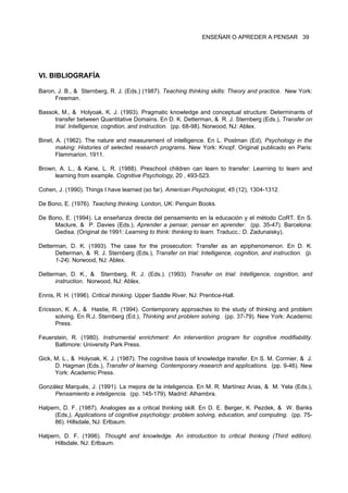 ENSEÑAR O APREDER A PENSAR 39




VI. BIBLIOGRAFÍA

Baron, J. B., & Sternberg, R. J. (Eds.) (1987). Teaching thinking skills: Theory and practice. New York:
      Freeman.

Bassok, M., & Holyoak, K. J. (1993). Pragmatic knowledge and conceptual structure: Determinants of
     transfer between Quantitative Domains. En D. K. Detterman, & R. J. Sternberg (Eds.), Transfer on
     trial: Intelligence, cognition, and instruction. (pp. 68-98). Norwood, NJ: Ablex.

Binet, A. (1962). The nature and measurement of intelligence. En L. Postman (Ed), Psychology in the
       making: Histories of selected research programs. New York: Knopf. Original publicado en Paris:
       Flammarion, 1911.

Brown, A. L., & Kane, L. R. (1988). Preschool children can learn to transfer: Learning to learn and
     learning from example. Cognitive Psychology, 20 , 493-523.

Cohen, J. (1990). Things I have learned (so far). American Psychologist, 45 (12), 1304-1312.

De Bono, E. (1976). Teaching thinking. London, UK: Penguin Books.

De Bono, E. (1994). La enseñanza directa del pensamiento en la educación y el método CoRT. En S.
     Maclure, & P. Davies (Eds.), Aprender a pensar, pensar en aprender. (pp. 35-47). Barcelona:
     Gedisa. (Original de 1991: Learning to think: thinking to learn. Traducc.: D. Zadunaisky).

Detterman, D. K. (1993). The case for the prosecution: Transfer as an epiphenomenon. En D. K.
      Detterman, & R. J. Sternberg (Eds.), Transfer on trial: Intelligence, cognition, and instruction. (p.
      1-24). Norwood, NJ: Ablex.

Detterman, D. K., & Sternberg, R. J. (Eds.). (1993). Transfer on trial: Intelligence, cognition, and
      instruction. Norwood, NJ: Ablex.

Ennis, R. H. (1996). Critical thinking. Upper Saddle River, NJ: Prentice-Hall.

Ericsson, K. A., & Hastie, R. (1994). Contemporary approaches to the study of thinking and problem
      solving. En R.J. Sternberg (Ed.), Thinking and problem solving. (pp. 37-79). New York: Academic
      Press.

Feuerstein, R. (1980). Instrumental enrichment: An intervention program for cognitive modifiability.
     Baltimore: University Park Press.

Gick, M. L., & Holyoak, K. J. (1987). The cognitive basis of knowledge transfer. En S. M. Cormier, & J.
      D. Hagman (Eds.), Transfer of learning. Contemporary research and applications. (pp. 9-46). New
      York: Academic Press.

González Marqués, J. (1991). La mejora de la inteligencia. En M. R. Martínez Arias, & M. Yela (Eds.),
     Pensamiento e inteligencia. (pp. 145-179). Madrid: Alhambra.

Halpern, D. F. (1987). Analogies as a critical thinking skill. En D. E. Berger, K. Pezdek, & W. Banks
      (Eds.), Applications of cognitive psychology: problem solving, education, and computing. (pp. 75-
      86). Hillsdale, NJ: Erlbaum.

Halpern, D. F. (1996). Thought and knowledge. An introduction to critical thinking (Third edition).
      Hillsdale, NJ: Erlbaum.
 