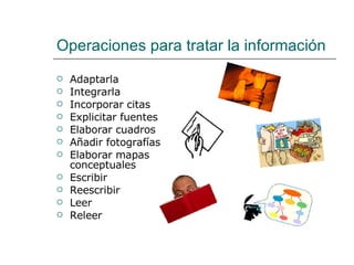 Operaciones para tratar la información  Adaptarla Integrarla Incorporar citas Explicitar fuentes Elaborar cuadros Añadir fotografías Elaborar mapas conceptuales Escribir Reescribir Leer Releer 