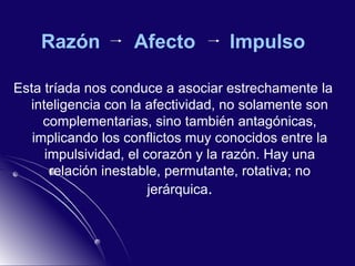 Razón    Afecto    Impulso Esta tríada nos conduce a asociar estrechamente la inteligencia con la afectividad, no solamente son complementarias, sino también antagónicas, implicando los conflictos muy conocidos entre la impulsividad, el corazón y la razón. Hay una relación inestable, permutante, rotativa; no jerárquica . 