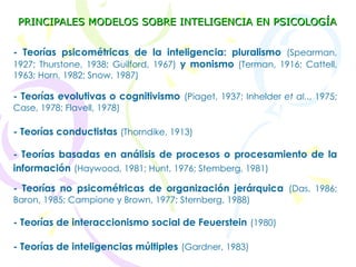 PRINCIPALES MODELOS SOBRE INTELIGENCIA EN PSICOLOGÍA - Teorías psicométricas de la inteligencia: pluralismo   (Spearman, 1927; Thurstone, 1938; Guilford, 1967)   y monismo   (Terman, 1916; Cattell, 1963; Horn, 1982; Snow, 1987) - Teorías evolutivas o cognitivismo   (Piaget, 1937; Inhelder  et al. ., 1975; Case, 1978; Flavell, 1978) - Teorías conductistas   (Thorndike, 1913) - Teorías basadas en análisis de procesos o procesamiento de la información   (Haywood, 1981; Hunt, 1976; Stemberg, 1981) - Teorías no psicométricas de organización jerárquica   (Das, 1986; Baron, 1985; Campione y Brown, 1977; Sternberg, 1988) - Teorías de interaccionismo social de Feuerstein   (1980) - Teorías de inteligencias múltiples   (Gardner, 1983) 