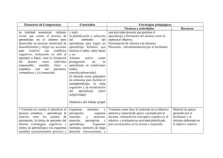 Elementos de Competencia                    Contenidos                                       Estrategias pedagógicas
                                                                                      Técnicas y actividades                       Recursos
su realidad asistencial, cultural-      y real);                         una actividad docente que permita el
social, que centre el proceso de        la planificación y selección     aprendizaje y formación del alumno como lo
aprendizaje en el alumno para           del        ambiente        del   expresa el objetivo.
desarrollar un proceso intelectual de   aprendizaje para lograr un       Presentación de informe a la plenaria.
descubrimiento y dirigir sus acciones   aprendizaje holístico que        Discusión , retroalimentación por el facilitador.
para    resolver    sus    conflictos   incluya el saber, saber hacer
cognitivos, incluyendo no sólo el       y ser.
aprender a hacer, sino la formación     Alumno        activo    como
del    alumno     como      individuo   protagonista        de      su
responsable, sensible, ético y          aprendizaje en condiciones
empático     con    sus    pacientes,   reales;
compañeros y la comunidad.              transdisciplinariedad.
.                                       El docente como generador
                                        de estímulos para facilitar el
                                        autoaprendizaje, la meta
                                        cognición y la socialización
                                        del      aprendizaje    (ínter
                                        subjetividad)

                                        Dialéctica del trabajo grupal

5.Tomarán en cuenta al planificar el    Esquemas      mentales    y      Tomando como base lo realizado en el objetivo       Material de apoyo
proceso enseñaza - aprendizaje la       percepción;       esquema        anterior y material de apoyo a portado por el       aportado por el
relación entre los canales de           mentales     y    atención:      docente, extraerán los conceptos exigidos en el     facilitador y el
percepción, la forma de aprender del    atención, percepción y           objetivo y evaluarán su actividad planificada       informe elaborado en
alumno (estrategias cognitivas y        aprendizaje.     Esquemas        para reconocerlos en la misma o mejorarla.          el objetivo anterior.
estilos de aprendizaje); los esquemas   mentales, memoria de larga
mentales (conocimientos previos) y      duración (inconsciente) y
 