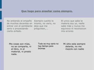 Que hago para enseñar como siempre.
No entiendo el empeño
de muchos docentes en
entrar con el semblante
serio o proyectando
cierto enfado.
Siempre cuento lo
mismo, no vario, no
dejo que me
pregunten,...
El unico que sabe la
materia soy yo, nadie
sabe más y nunca me
equivoco ni reconozcon
mis errores
Mi sitio esta siempre
delante, no me
mezclo con nadie
Todo es muy serio no
hay tiempo para
bromas
Mis cosas son mías,
no se comparte, ni
el libro, ni el
material, ni presto
nada.
 