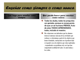 Todas las dudas, todas las preguntas
son geniales, porque es consecuencia
de que un ser humano PIENSA, fruto
de estas TODOS APRENDEMOS,
todos, incluido el maestro.
Mis evaluaciones son indicadores que los alumnos
tienen al comenzar cada una de las actividades que
realizan y se determinan a partir de los objetivos que
hemos formulado, concluyendo con el producto final
si responde o no a los objetivos que están explicitados
, respondiendo a un problema real, en el que han
comprobado la utilidad del saber. Se autoevalúan y
los evalúo.
Enseñar como siempre o como nunca
Qué hago para enseñar como
siempre
Qué puedo hacer para enseñar
como nunca
 