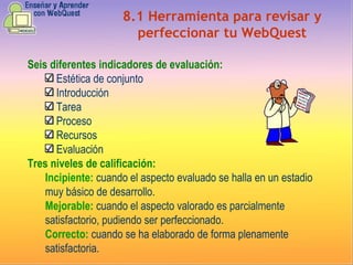 8.1 Herramienta para revisar y perfeccionar tu WebQuest Seis diferentes indicadores   de evaluación: Estética de conjunto  Introducción  Tarea  Proceso  Recursos  Evaluación Tres niveles de calificación: Incipiente:  cuando el aspecto evaluado se halla en un estadio muy básico de desarrollo.  Mejorable:  cuando el aspecto valorado es parcialmente satisfactorio, pudiendo ser perfeccionado.  Correcto:  cuando se ha elaborado de forma plenamente satisfactoria. 