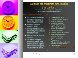Daniel Rodríguez ArenasDaniel Rodríguez Arenas 2323
Alumnos con trastornos emocionales
y de conducta
Los entornos coercitivos no solo provocan huida y evitación,
sino que además no enseñan lo que hay que hacer
 No son menosinteligentes
 Suelen tener problemasde
aprendizajey rendimiento
 Muestran unatasade
absentismo mayor
 Suelen presentar conductas
antisocialesy dificultadespara
entablar amistades
 Algunossuelen ser tímidosy
retraídos
 Por factoresbiológicos,
ambientales,rechazo social,
entorno educativo negativo,
patrón deconductaagresivo,
influenciafamiliar, escolar,...
 Entrenamiento en HH.SS.
 Estilos de afrontar el conflicto
 Conductas alternativas
 Autocontrol emocional
(impulsividad/reflexividad)
 Refuerzo positivo, modelado,
retirada de contingencias
 Contingencias grupales
 Ignorar la conducta perturbadora
 Refuerzo discriminativo de
conductas alternativas
 El coste de respuesta
 Tiempo muerto
 Sobrecorrección (robar el bocadillo:
devolverlo con el suyo incluido)
 Castigo, exclusión
-
+
 