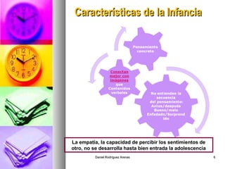 Daniel Rodríguez ArenasDaniel Rodríguez Arenas 66
Características de la InfanciaCaracterísticas de la Infancia
La empatía, la capacidad de percibir los sentimientos de
otro, no se desarrolla hasta bien entrada la adolescencia
 