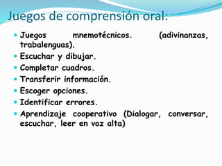 Juegos de comprensión oral:
 Juegos mnemotécnicos. (adivinanzas,
trabalenguas).
 Escuchar y dibujar.
 Completar cuadros.
 Transferir información.
 Escoger opciones.
 Identificar errores.
 Aprendizaje cooperativo (Dialogar, conversar,
escuchar, leer en voz alta)
 