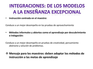 Instrucción centrada en el maestro:Conduce a un mejor desempeño en las pruebas de aprovechamientoMétodos informales y abiertos como el aprendizaje por descubrimiento o indagación:Conduce a un mejor desempeño en pruebas de creatividad, pensamiento abstracto y solución de problemas.Mensaje para los maestros: deben adaptar los métodos de instrucción a las metas de aprendizajeIntegraciones: de los modelosA la enseñanza excepcional