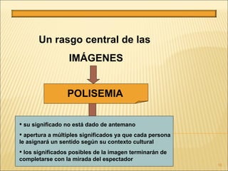 Un rasgo central de las
                  IMÁGENES


                 POLISEMIA

 su significado no está dado de antemano
 apertura a múltiples significados ya que cada persona
le asignará un sentido según su contexto cultural
 los significados posibles de la imagen terminarán de
completarse con la mirada del espectador
                                                          16
 