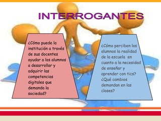 ¿Cómo puede la
institución a través
de sus docentes
ayudar a los alumnos
a desarrollar y
adquirir las
competencias
digitales que
demanda la
sociedad?
¿Cómo perciben los
alumnos la realidad
de la escuela en
cuanto a la necesidad
de enseñar y
aprender con tics?
¿Qué cambios
demandan en las
clases?
 