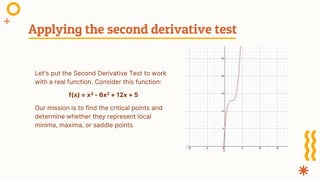 Let's put the Second Derivative Test to work
with a real function. Consider this function:
f(x) = x3 - 6x2 + 12x + 5
Our mission is to find the critical points and
determine whether they represent local
minima, maxima, or saddle points
Applying the second derivative test
 