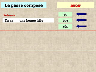 Le passé composé
Verbe avoir

Tu as ___ une bonne idée

avoir
eu
eue
eût

 