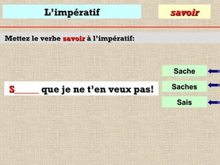 L’impératif

savoir

Mettez le verbe savoir à l’impératif:

Sache

S_____ que je ne t’en veux pas!

Saches
Sais

 