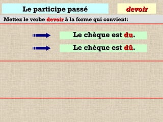 Le participe passé

devoir

Mettez le verbe devoir à la forme qui convient:

Le chèque est du.
Le chèque est dû.

 