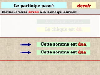 Le participe passé

devoir

Mettez le verbe devoir à la forme qui convient:

Le chèque est du.
Le chèque est dû.
Cette somme est due.
Cette somme est dûe.

 