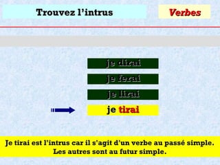 Trouvez l’intrus

Verbes

je dirai
je ferai
je lirai
je tirai
Je tirai est l'intrus car il s'agit d'un verbe au passé simple.
Les autres sont au futur simple.

 