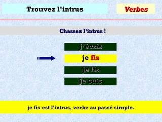Trouvez l’intrus

Verbes

Chassez l’intrus !

j’écris
je fis
je lis
je suis

je fis est l'intrus, verbe au passé simple.

 