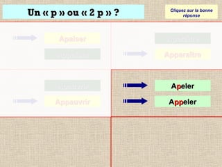 Un « p » ou « 2 p » ?

Cliquez sur la bonne
réponse

Apaiser

Aparaître

Appaiser

Apparaître

Apauvrir

Apeler

Appauvrir

Appeler

 