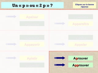 Un « p » ou « 2 p » ?

Cliquez sur la bonne
réponse

Apaiser

Aparaître

Appaiser

Apparaître

Apauvrir

Apeler

Appauvrir

Appeler

Aplatir

Aprouver

Applatir

Approuver

 