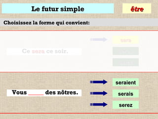 Le futur simple

être

Choisissez la forme qui convient:
sera

Ce sera ce soir.

seras
serat

seraient

Vous _____ des nôtres.

serais
serez

 