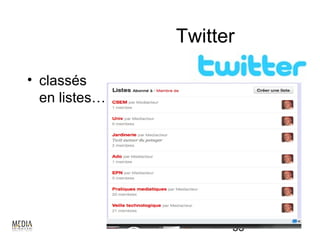 Twitter

• classés
  en listes…




                     53
 