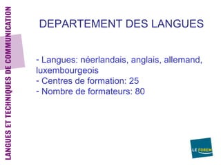 DEPARTEMENT DES LANGUES


- Langues: néerlandais, anglais, allemand,
luxembourgeois
- Centres de formation: 25
- Nombre de formateurs: 80
 