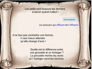Les petits sont toujours les derniers
à savoir quand il pleut !
Quelle est la différence entre
une girouette et un horloger ?
La girouette montre les vents
et l' horloger vend les montres.
Les poissons qui affluent de l’affluent .
Petit homographe
Il ne faut pas contredire une femme,
il vaut mieux attendre
qu’elle change d’avis !
 