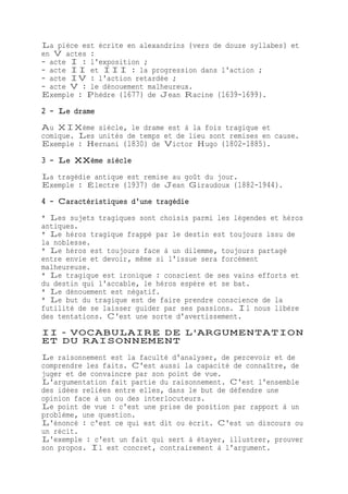 La pièce est écrite en alexandrins (vers de douze syllabes) et
en V actes :
- acte I : l'exposition ;
- acte II et III : la progression dans l'action ;
- acte IV : l'action retardée ;
- acte V : le dénouement malheureux.
Exemple : Phèdre (1677) de Jean Racine (1639-1699).
2 - Le drame
Au XIXème siècle, le drame est à la fois tragique et
comique. Les unités de temps et de lieu sont remises en cause.
Exemple : Hernani (1830) de Victor Hugo (1802-1885).
3 - Le XXème siècle
La tragédie antique est remise au goût du jour.
Exemple : Électre (1937) de Jean Giraudoux (1882-1944).
4 - Caractéristiques d'une tragédie
* Les sujets tragiques sont choisis parmi les légendes et héros
antiques.
* Le héros tragique frappé par le destin est toujours issu de
la noblesse.
* Le héros est toujours face à un dilemme, toujours partagé
entre envie et devoir, même si l'issue sera forcément
malheureuse.
* Le tragique est ironique : conscient de ses vains efforts et
du destin qui l'accable, le héros espère et se bat.
* Le dénouement est négatif.
* Le but du tragique est de faire prendre conscience de la
futilité de se laisser guider par ses passions. Il nous libère
des tentations. C'est une sorte d'avertissement.
II - VOCABULAIRE DE L'ARGUMENTATION
ET DU RAISONNEMENT
Le raisonnement est la faculté d'analyser, de percevoir et de
comprendre les faits. C'est aussi la capacité de connaître, de
juger et de convaincre par son point de vue.
L'argumentation fait partie du raisonnement. C'est l'ensemble
des idées reliées entre elles, dans le but de défendre une
opinion face à un ou des interlocuteurs.
Le point de vue : c'est une prise de position par rapport à un
problème, une question.
L'énoncé : c'est ce qui est dit ou écrit. C'est un discours ou
un récit.
L'exemple : c'est un fait qui sert à étayer, illustrer, prouver
son propos. Il est concret, contrairement à l'argument.
 