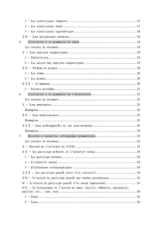 1 - Le conditionnel temporel............................................................................................. 17
2 - Le conditionnel modal................................................................................................... 17
3 - Le conditionnel hypothétique..................................................................................... 18
IV - Les périphrases verbales........................................................................................... 18
5. Initiation à la grammaire du texte............................................................................. 19
Le contenu du document......................................................................................................... 19
I - Les reprises anaphoriques............................................................................................. 19
1 - Définitions....................................................................................................................... 19
2 - La nature des reprises anaphoriques....................................................................... 19
II - ThÈme et propos........................................................................................................... 20
1 - Le thème............................................................................................................................. 20
2 - Le propos........................................................................................................................... 20
III - L'emphase..................................................................................................................... 20
1 - Divers procédés............................................................................................................... 21
6. Initiation à la grammaire de l'énonciation ............................................................. 21
Le contenu du document......................................................................................................... 21
I - Les embrayeurs................................................................................................................... 22
Exemples..................................................................................................................................... 22
II - Les modalisateurs......................................................................................................... 22
Exemples..................................................................................................................................... 22
III - Les prÉsupposÉs et les sous-entendus ........................................................... 22
Exemples..................................................................................................................................... 23
7. Accords à connaître, orthographe grammaticale ....................................................... 23
Le contenu du document......................................................................................................... 23
I - Accord de l'attribut du COD................................................................................... 23
II - Le participe prÉsent et l'adjectif verbal ....................................................... 24
1 - Le participe présent..................................................................................................... 24
2 - L'adjectif verbal........................................................................................................... 24
3 - Différences orthographiques....................................................................................... 24
III - Le participe passÉ suivi d'un infinitif ....................................................... 24
IV - L'accord du participe passÉ des verbes pronominaux ..................................... 25
V - L'accord du participe passÉ d'un verbe impersonnel ......................................... 25
VI - L'orthographe et l'accord de demi, leur(s), mÊme(s), quelque(s),
quel(le) (s)... que, tout........................................................................................................ 26
1 - Demi..................................................................................................................................... 26
2 - Leur..................................................................................................................................... 26
 