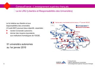 CampusFrance Agence nationale pour la promotion de l’enseignement supérieur français à l’étranger La loi LRU (Libertés et Responsabilités des Universités) La loi relative aux libertés et aux  responsabilités des universités  (10 août 2007) poursuit deux objectifs essentiels : rendre l'université autonome ;  donner des moyens équivalents  aux institutions homologues de l’OCDE. CampusFrance - L’enseignement supérieur français 14 51 universités autonomes au 1er janvier 2010 