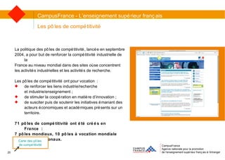 CampusFrance Agence nationale pour la promotion de l’enseignement supérieur français à l’étranger Les pôles de compétitivité La politique des pôles de compétitivité, lancée en septembre  2004, a pour but de renforcer la compétitivité industrielle de la  France au niveau mondial dans des sites où se concentrent  les activités industrielles et les activités de recherche.  Les pôles de compétitivité ont pour vocation : de renforcer les liens industrie/recherche  et industrie/enseignement ; de stimuler la coopération en matière d’innovation ; de susciter puis de soutenir les initiatives émanant des acteurs économiques et académiques présents sur un territoire. 71 pôles de compétitivité ont été créés en France :  7 pôles mondiaux, 10 pôles à vocation mondiale  et 54 pôles nationaux. CampusFrance - L’enseignement supérieur français Carte des pôles  de compétitivité 20 