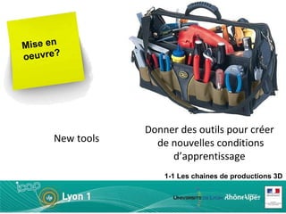 Mise en oeuvre? Donner des outils pour créer  de nouvelles conditions d’apprentissage 1-1 Les chaines de productions 3D New tools 