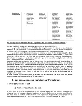 8
- Composante
interprétative
- Mettre en lien
et interpréter
plusieurs
informations
du texte en les
mettant en
relation avec
ses
connaissances
personnelles.
- Découvrir et
dégager des
expressions de
langage imagé à
partir du texte.
- Comparer et
évaluer les
différentes
parties du texte
pour exprimer
une préférence
et la justifier.
- Découvrir et
dégager des
métaphores
simples et le
point de vue de
l’auteur.
- Commencer à
interpréter et
intégrer les
événements du
récit et les actes
des personnages
disséminés à
travers le texte.
- Interpréter le
langage imagé.
- Intégrer les
informations
disséminées à
travers le texte
pour fournir une
interprétation
du caractère
des
personnages, de
leurs intentions
et de leurs
sentiments, et
justifier la
réponse en se
référant au
texte et à ses
connaissances
personnelles.
Un enseignement indispensable qui repose sur des approches complémentaires :
On peut distinguer deux approches de l’enseignement de la compréhension :
• La première s’intéresse aux stratégies de compréhension et propose un enseignement
explicite de certaines de ces stratégies et de leur utilisation pour la lecture. Plusieurs études ont
d’ailleurs confirmé l’efficacité d’un enseignement approprié des stratégies de lecture.
• La seconde approche se concentre sur le contenu du texte et vise la coconstruction de la
signification grâce à des discussions ouvertes (construction du sens par le « débat »). Selon cette
approche, l’élève apprend à se faire une représentation du texte au moyen de discussions avec
l’enseignant et les pairs. Des études ont démontré que cette approche est également pertinente
pour l’enseignement de la compréhension.
Ces deux approches considèrent que le lecteur doit être activement engagé dans la tâche de
lecture. La principale différence entre elles est que la première encourage l’élève à penser à ses
processus mentaux et à utiliser certaines stratégies pour comprendre le texte, alors que la
seconde est axée sur le contenu et encourage l’élève à se concentrer sur les idées et les liens
qui existent entre elles pour se faire une représentation mentale du texte. Il est productif de
considérer ces deux approches comme complémentaires. Il faut faire comprendre aux élèves qu’une
stratégie de lecture est un moyen et non une fin en soi et que le but de la lecture est de
comprendre le texte.
Il faut trouver un équilibre entre le travail sur les processus (la façon dont les élèves
apprennent) et sur le contenu (ce qu’ils apprennent).
1- Les connaissances à maîtriser par l’enseignant
► Pour comprendre il faut :
a) Maîtriser l’identification des mots
L’application du principe alphabétique est un passage obligé pour les lecteurs débutants qui
s’approprieront le code petit à petit. Les élèves se servent également du contexte pour identifier
les mots, mais en vérifiant continuellement leurs hypothèses. Ils pourront aussi s’appuyer sur les
mots appris de façon directe. Cette tâche est un préalable à la compréhension de l’écrit.
 