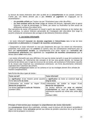 23
La lecture de textes littéraires doit aller au-delà de la compréhension et du constat j’aime/je
n’aime pas. Les élèves doivent peu à peu émettre un jugement en s’appuyant sur la
reconnaissance :
 des procédés utilisés par l’auteur (ou par l’illustrateur) pour créer des effets ;
 des liens existant entre les livres (usage de réseaux de lectures, regroupés selon le genre
littéraire, le type de personnages, le thème, par auteur ou illustrateur ou bien autour de
différentes versions d’un même récit).
Pour permettre de mener efficacement ce travail à partir des textes littéraires et de réaliser des
choix judicieux, la culture littéraire personnelle de l’enseignant doit elle-même être large et
ouverte (champ de connaissance des ouvrages et des éléments littéraires utilisés).
2. Les textes informatifs
Un texte informatif transmet des données organisées et hiérarchisées dans le but de faire
comprendre un phénomène et d’acquérir de nouvelles connaissances.
Comprendre un texte informatif ne veut pas simplement dire que l’on retient les informations
présentées mais plutôt que l’on combine ce contenu avec ses connaissances antérieures pour se
faire une représentation durable. La compréhension d’un texte repose sur l’activation des
connaissances antérieures mais également sur l’acquisition de nouvelles connaissances que le
lecteur devra relier entre elles.
Les textes informatifs sont plus difficiles à lire que les textes narratifs à cause de la présence de
termes techniques, de l’abstraction des concepts et de leur plus grande densité, du manque de
familiarité des élèves avec le type de structure de ces textes, de la présence d’information nouvelle
et du recours plus important aux connaissances antérieures. Les livres documentaires retiennent
cependant bien l’attention des enfants.
Les approches pédagogiques basées sur les contenus et sur les stratégies doivent être utilisées de
manière complémentaire.
Spécificités des deux types de textes :
Texte narratif Texte informatif
La signification d’une histoire prend souvent
forme vers la fin du texte.
La signification du texte se construit tout au
long du texte.
L’information est traitée au moyen d’une
démarche prospective
le lecteur anticipe la suite de l’histoire.
(Gombert 2003)
L’information est traitée au moyen d’une
démarche rétrospective
le lecteur effectue une mise en relation
d’informations au cours de laquelle chaque
information nouvelle est reliée avec celles déjà
lues.
(Gombert 2003)
Principes d’intervention pour enseigner la compréhension des textes informatifs :
Les connaissances doivent être mobilisées, activées, avant la lecture afin de devenir accessibles à
l’esprit du lecteur. Cette activation permet aux élèves de prendre conscience de ce qu’ils savent
déjà et de les préparer à la lecture.
 