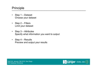 Principle

     •  Step 1 – Dataset
        Choose your dataset

     •  Step 2 – Filters
        Limit your dataset

     •  Step 3 – Attributes
        Specify what information you want to output

     •  Step 4 – Results
        Preview and output your results




PAG XX, January 15th 2012, San Diego
EBI Database Workshop
 