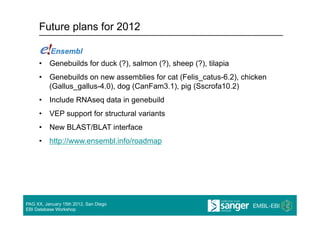 Future plans for 2012


     •  Genebuilds for duck (?), salmon (?), sheep (?), tilapia
     •  Genebuilds on new assemblies for cat (Felis_catus-6.2), chicken
        (Gallus_gallus-4.0), dog (CanFam3.1), pig (Sscrofa10.2)
     •  Include RNAseq data in genebuild
     •  VEP support for structural variants
     •  New BLAST/BLAT interface
     •  http://www.ensembl.info/roadmap




PAG XX, January 15th 2012, San Diego
EBI Database Workshop
 